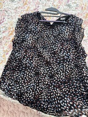 DKNY Black Multicolor Abstract Dot Sleeveless Blouse